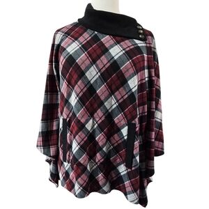 Modcloth Fervour Dark Red Gray Diagonal Plaid Cowl Neck Poncho With Armholes
